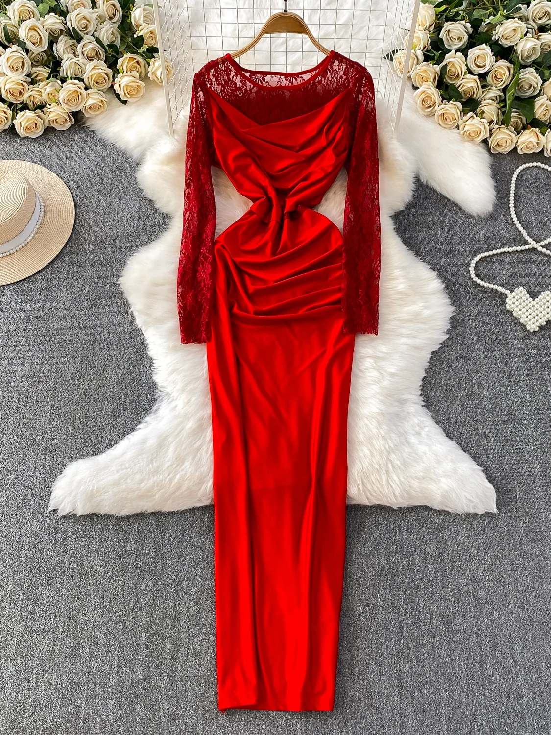 

Ele Lace Splice Long Sve round Ne Dr Женская осенняя плиссированная утягивающая длинная юбка трапециевидной формы с высокой талией Dr