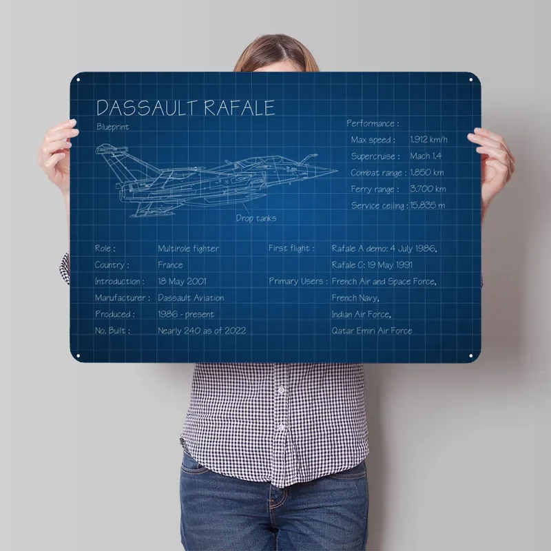 Dassault Rafale Sign Aviation Blueprint Vintage Metal Tin Sign Plaque for Wall Decoration Gamer Room Decoration Home Decor Retro