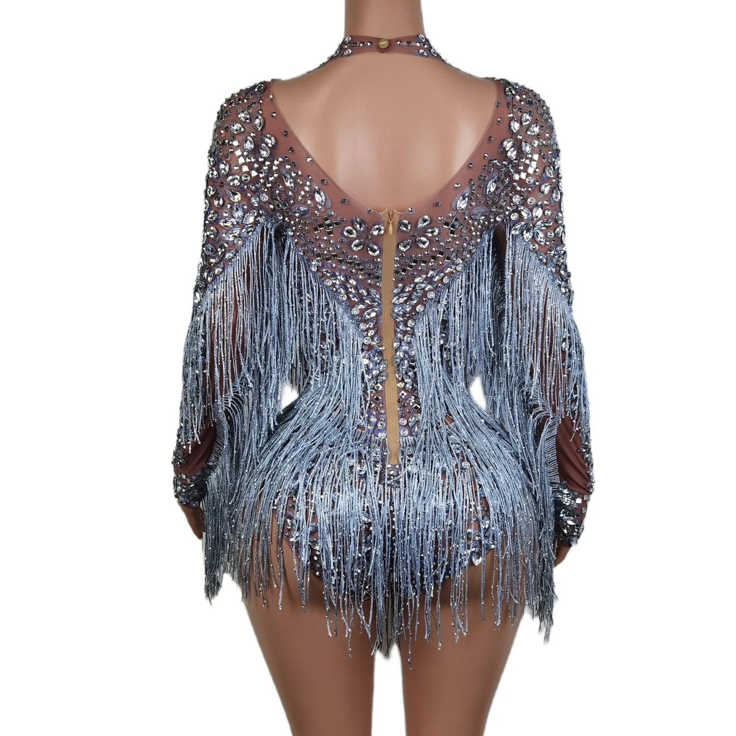 Designer See Through Tassel Sleeves Women Mesh One Piece Jumpsuits DS Dance Leotard Show Performance Costume Rhinestone Bodysuit