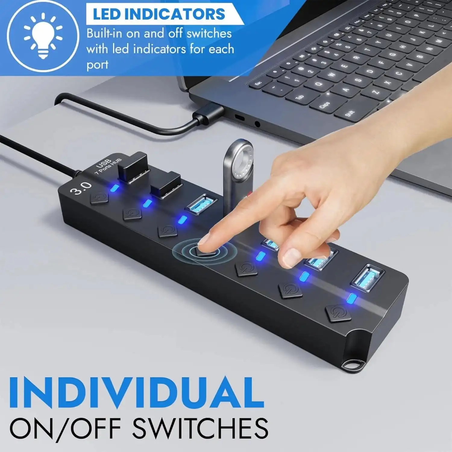 7 منافذ USB Hub Splitter 1 USB 3.0 و6 USB 2.0 مع مفاتيح تشغيل/إيقاف فردية وأضواء كابل طويل 1.2 متر لأجهزة MacBook والكمبيوتر المحمول #5