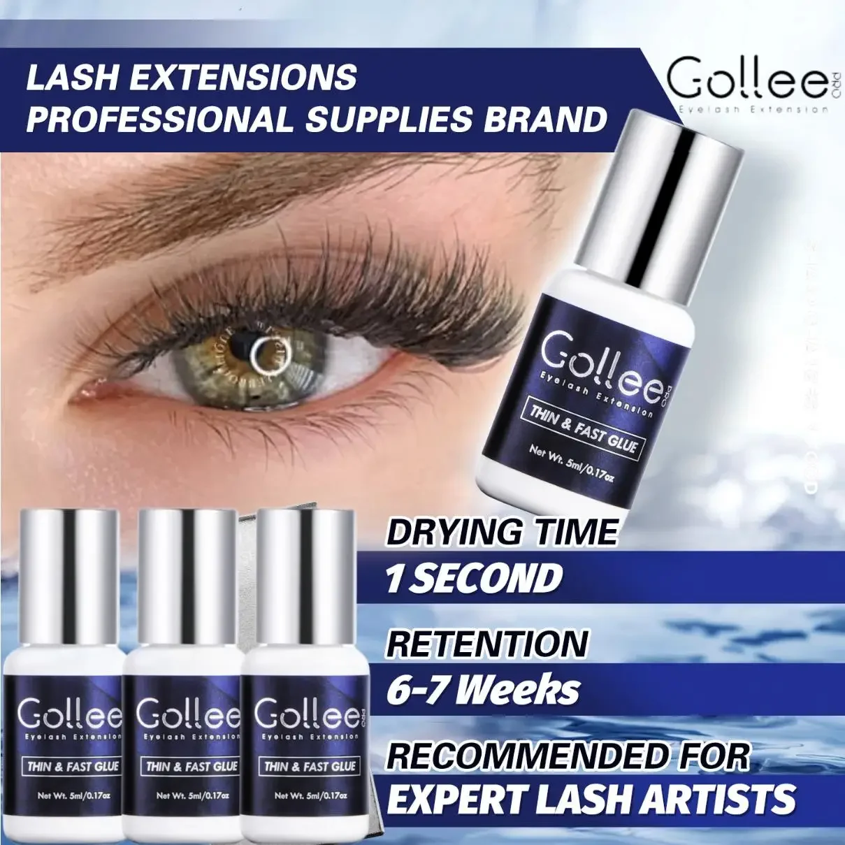 Colle d'extension de cils sans latex Gollee 1S, séchage rapide, rétention 6-8 semaines, faux cils, adhésif pour professionnel, inspecté uniquement, 3 pièces