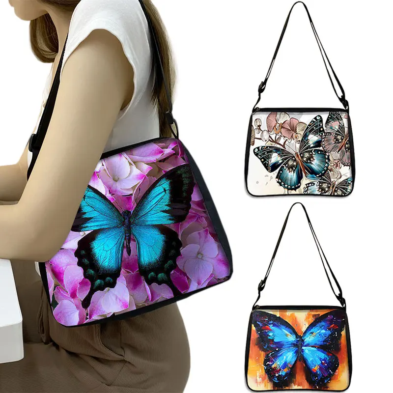 Beautiful Butterfly Print Handbag Women Canvas Shoulder Bag Lady Clutch Adjustable Underarm Cross Bag Shopping Bags Gift