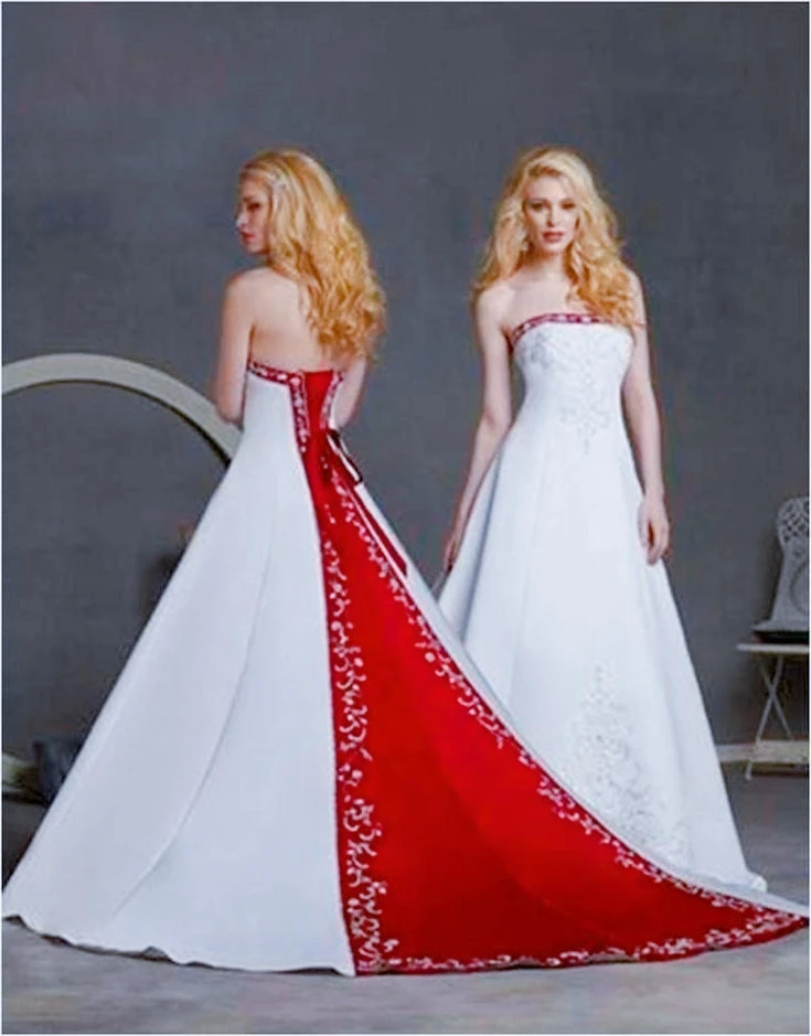 Abito da sposa ricamato Abito da sposa senza spalline a trapezio in raso bianco e bordeaux Abiti formali con lacci sul retro personalizzati