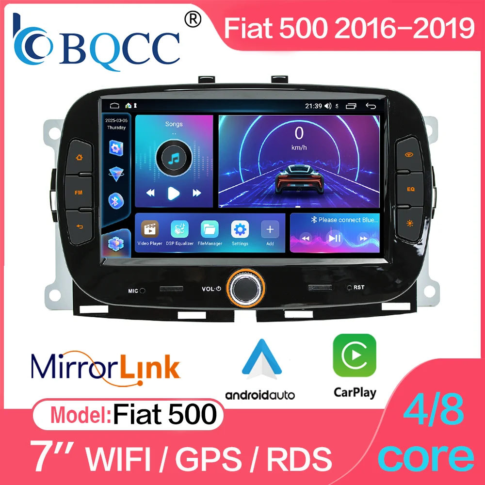 BQCC 7'' Car Player for Fiat 500 2016-2019 Quad-core/Octa-core Wireless Carplay/Android Auto Mirror Link GPS WiFi DPS Car Radio