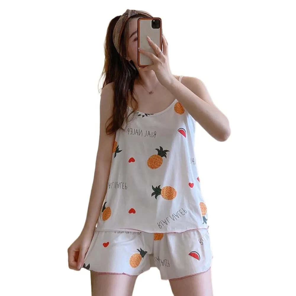 

Round Neck Camisole Shorts Nightwear Summer Strawberry Sleeveless Pajamas Women Loose Homewear Sweet Sleepwear Set Summer