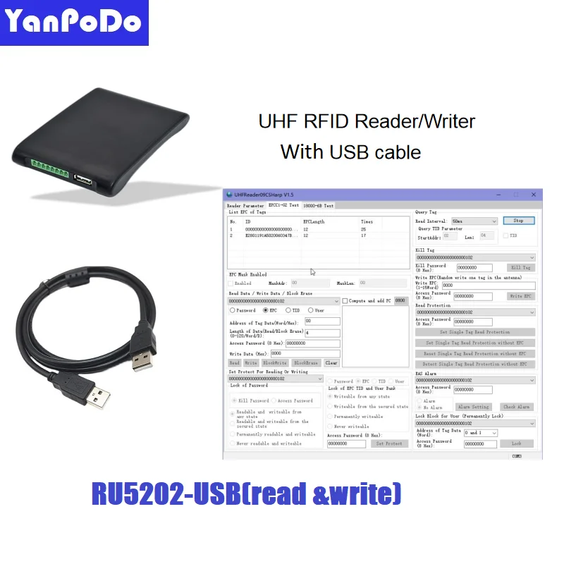 Yanpodo uhf 1m middle range rfid reader writer with usb interface provide sdk demo source code for encoding EPC logistics manage