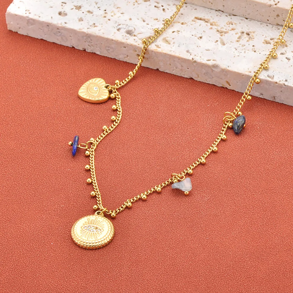 Lokaer Modische türkische Evil-Eye-Anhänger-Halsketten für Damen, Edelstahl, Vintage-Halsband, Steinperlen, Party-Schmuck, N26014