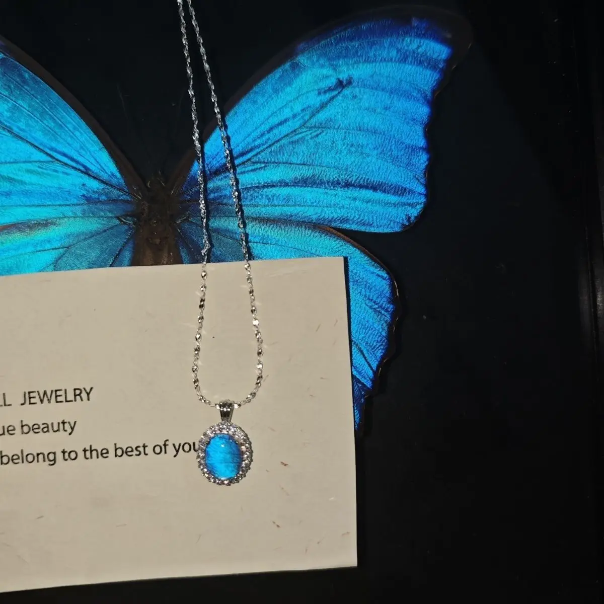 Real Blue Morpho Butterfly Wing Glass Cabochon Pendant Necklace, 40cm Alloy Chain, Gift Box