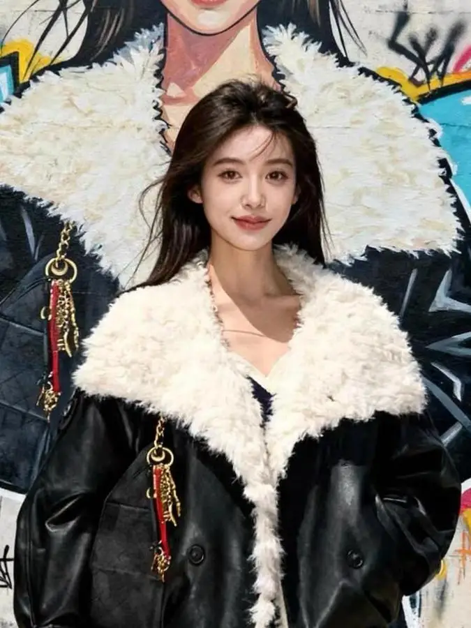 

Кожаное пальто из овечьего меха, женское зимнее байкерское пальто на подкладке с меховым воротником, экологически чистый меховой топ, длинный све