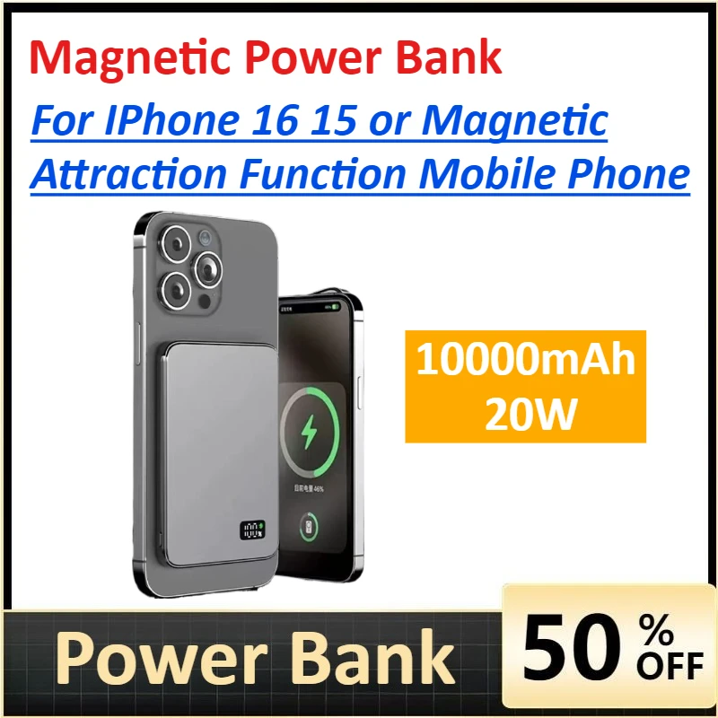 

Magnetic Power Bank 10000mAh 20W Fast Charging for IPhone 16 15 or Magnetic Attraction Function Mobile Phone Portable Charger