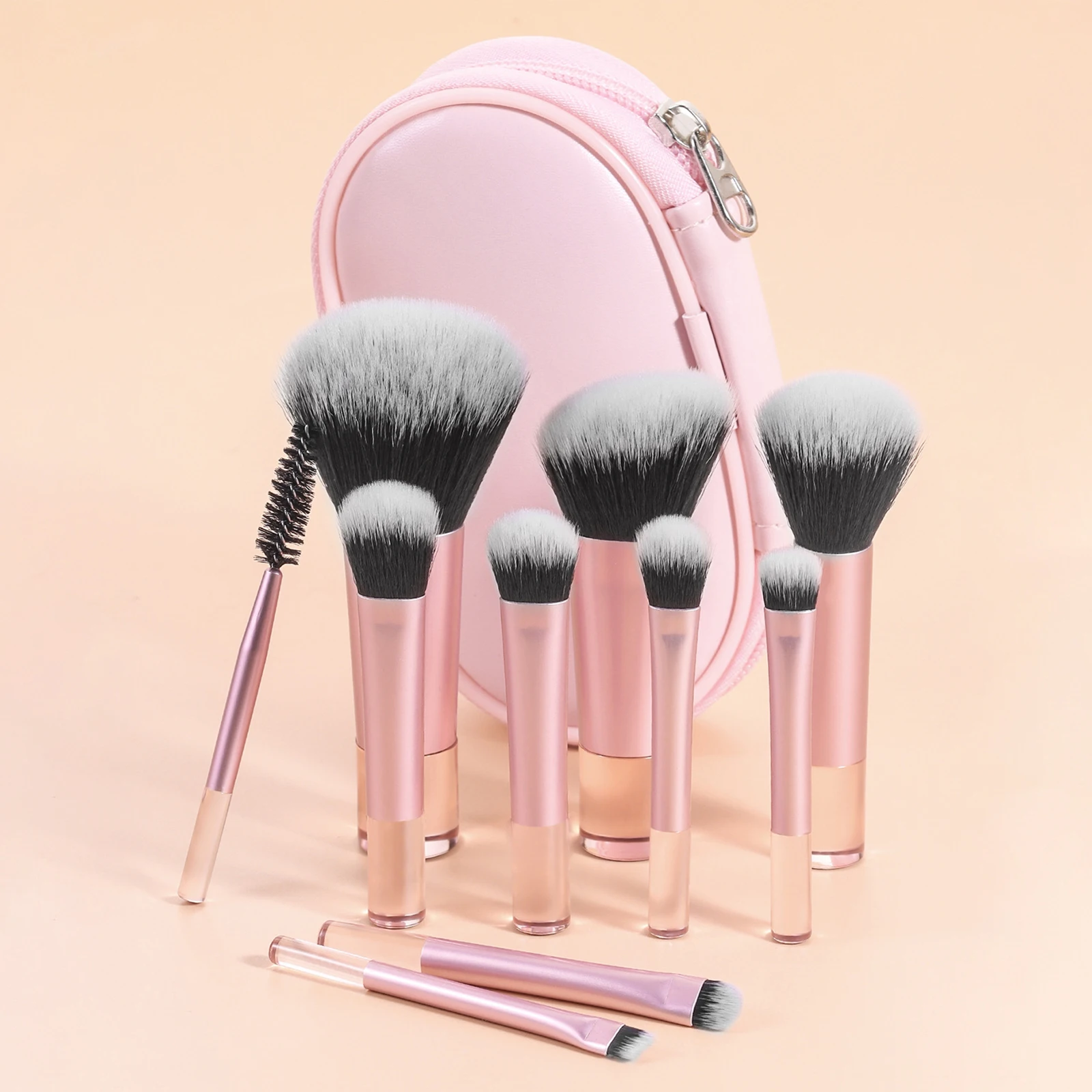 10 pink mini makeup brushes +1 velvet puff +2 fingertip mini powder puff - Travel portable Makeup Kit