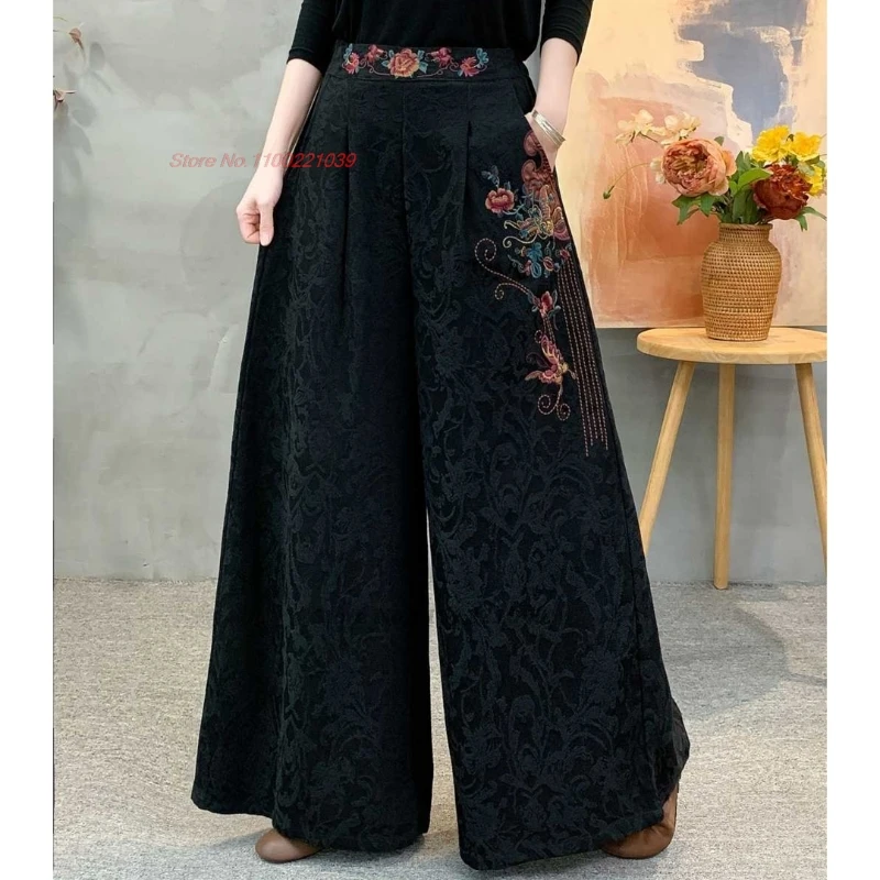 

2025 chinese vintage folk pants cotton linen jacquard ethnic trousers national flower embroidery elastic waist wide leg trousers