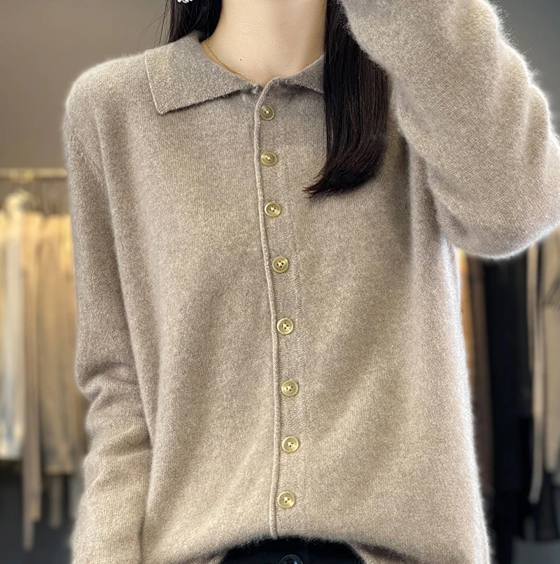 Knitted Cardigans for Women, 100% Merino Wool, Long Sleeve Sweaters, Warm and Soft Tops, 6Colors, Winter, 2023