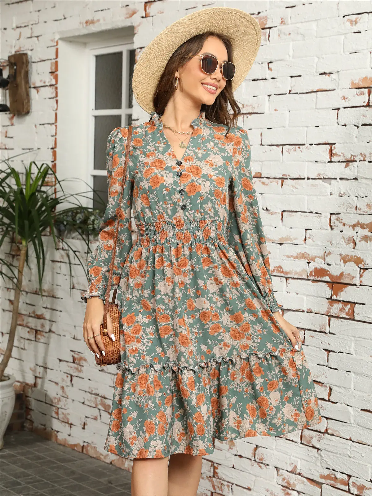 Msfilia الخريف الشتاء المرأة موضة كم طويل طباعة أنيقة الخامس الرقبة عادية ألف خط الركبة طول عالية الخصر فستان