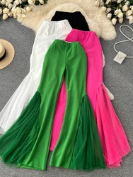 Summer Green/Black/White/Rose Red Mesh Patchwork Flare Pants For Women Elegant High Waist Wide Leg Hip Hop Dancing Trousers New