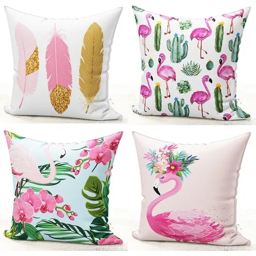 Bk Home Decor Pink Flamingo Feather Kombin 4'lü Pillow decorate Case Set 53