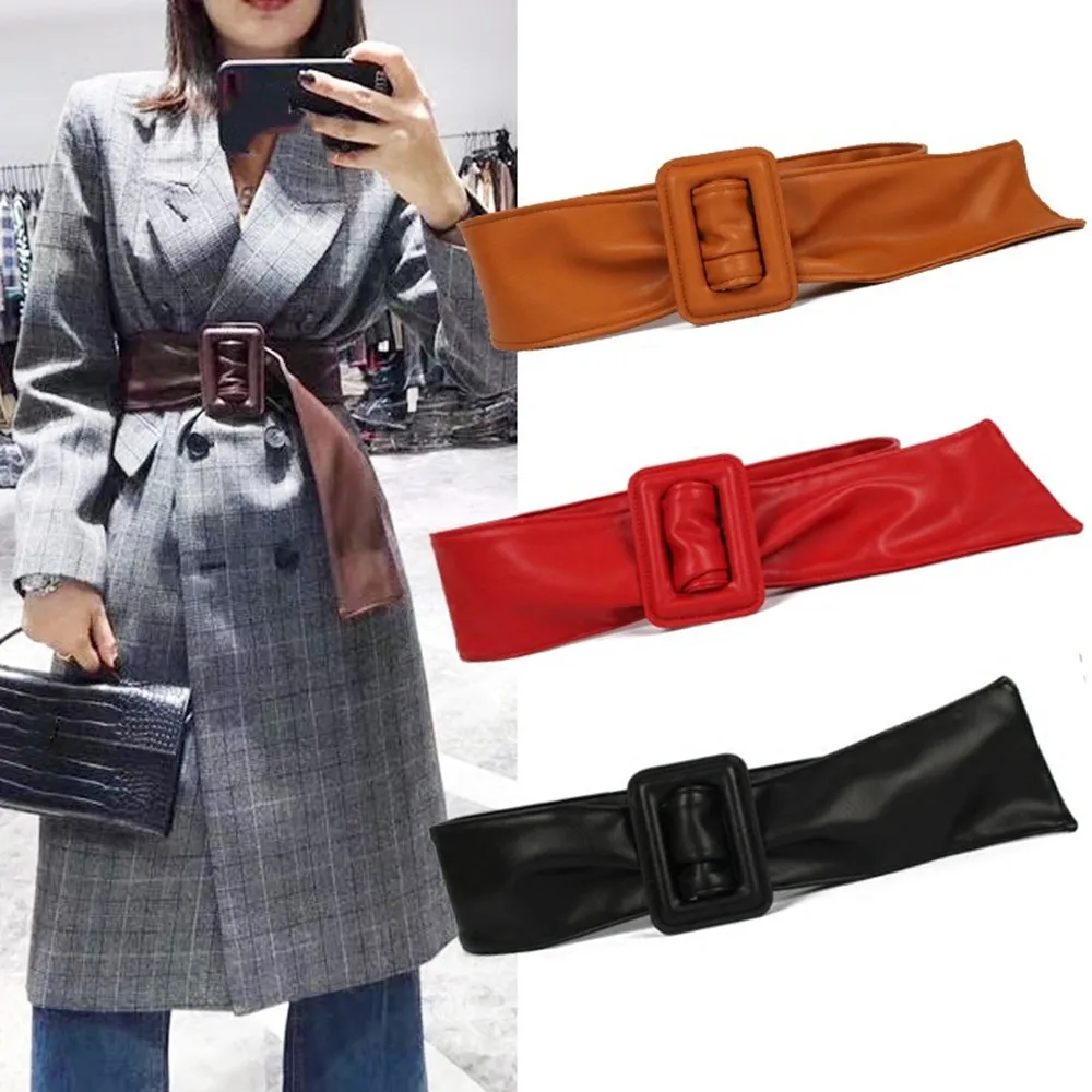 New ladies waist seal soft PU leather red black cream-colored fashion wide belt fashion bag buckle wide belt dress lace accessor