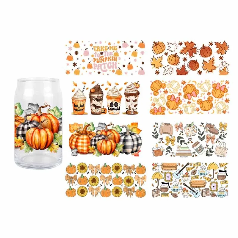 Fall Pumpkin UV DTF Transfer Sticker 3D Cartoon For Wraps Cup 16 OZ Glass Cup Waterproof High Quality Decals DIY