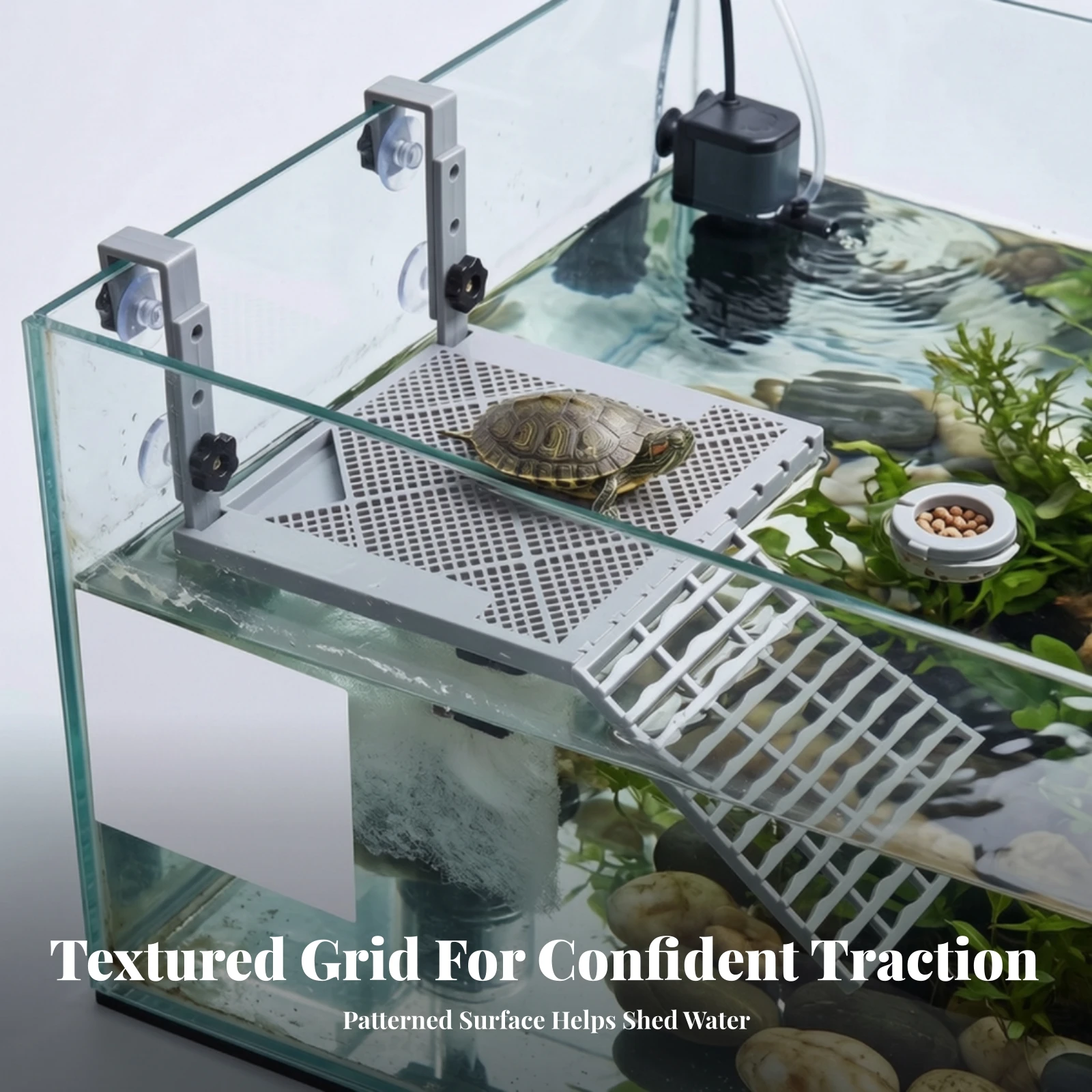 Aquarium Accessory Ventilated Hanging Turtle Platform with Ramp Aquarium Basking Dock with Suction Cups Adjustable for Turtles