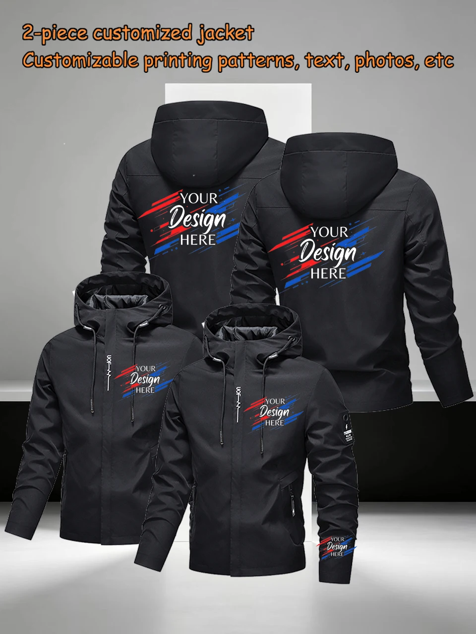 Two piece custom jacket with customized chest/cuffs/back area, lightweight and durable, suitable for outdoor commuting