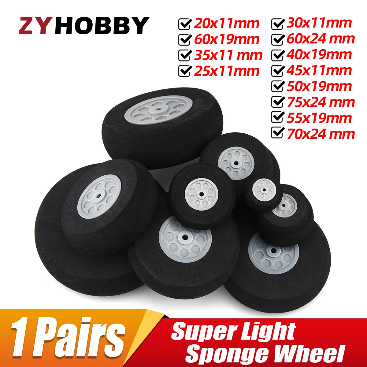 1 para superlekkich kół gąbkowych o średnicy opon od 20 mm do 75 mm do modeli samolotów RC