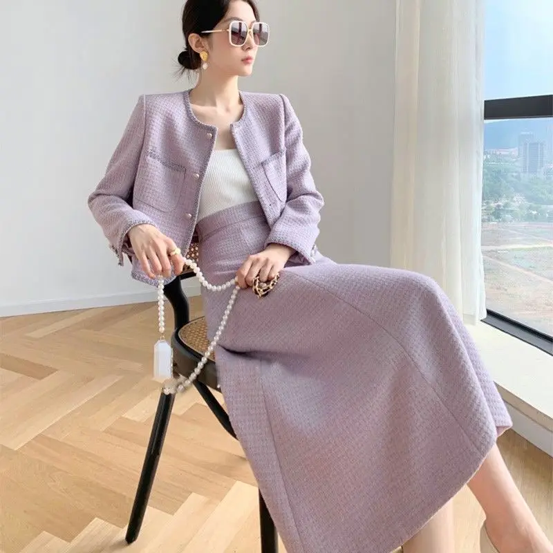 Fall and Winter Women\'s Skirt Suits Fashion Commuter Single-breasted Luxury Tops Jacket A-line Loose Skirt 2pcs Matching Set