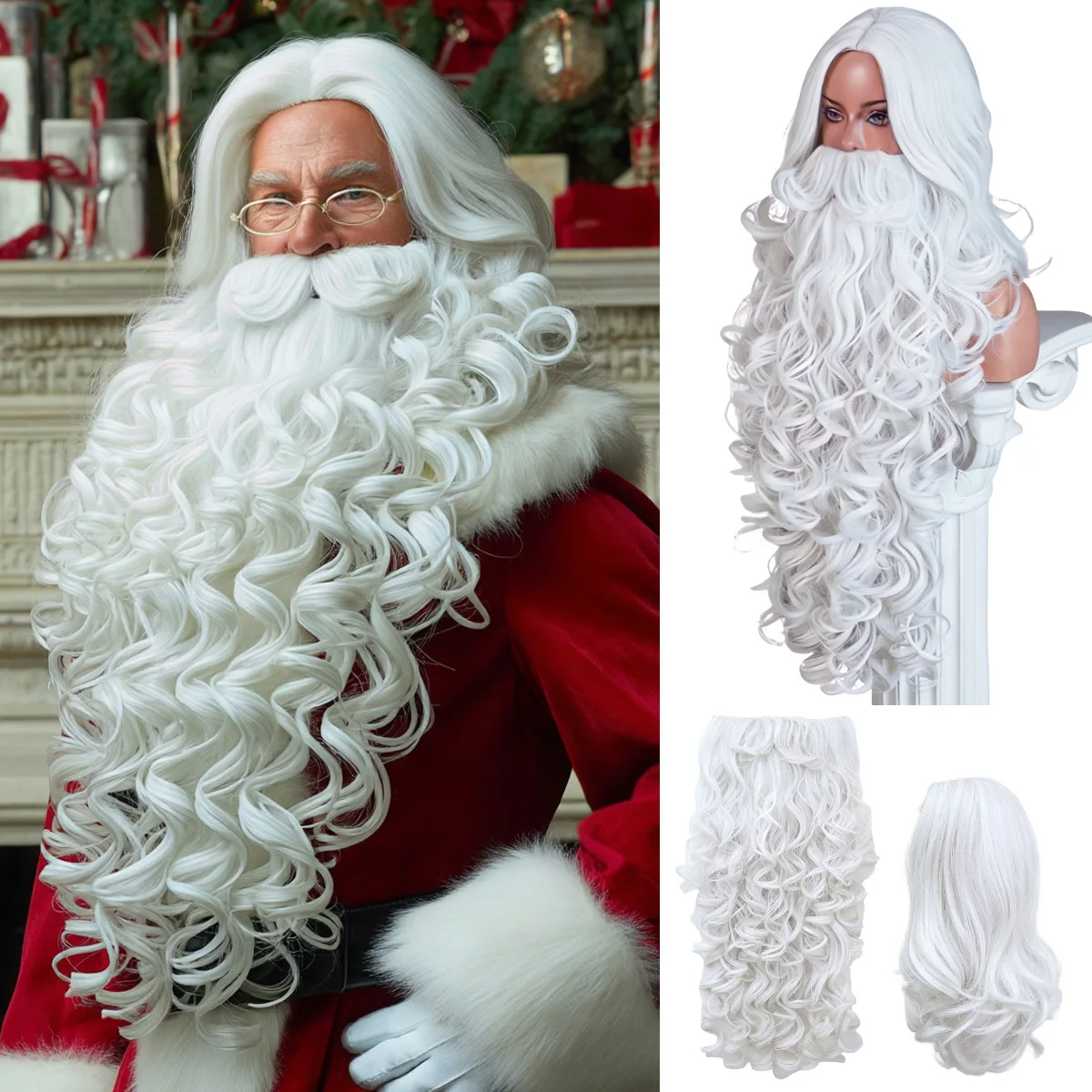 GUHUAN Juego de 2 Piezas de Peluca y Barba de Papá Noel, Peluca Larga y Rizada Blanca de 16 Pulgadas, Barba Esponjosa de 28 Pulgadas, Cabello Sintético, Disfraz Navideño