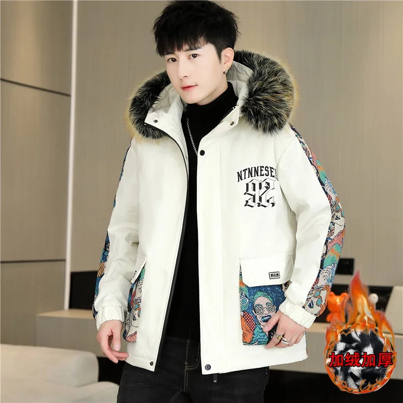 2024 Winter New Men's Parka Hooded Wool Collar Cotton Jacket with Thick Velvet for Warmth and Waterproof Jacket Cotton Jacket