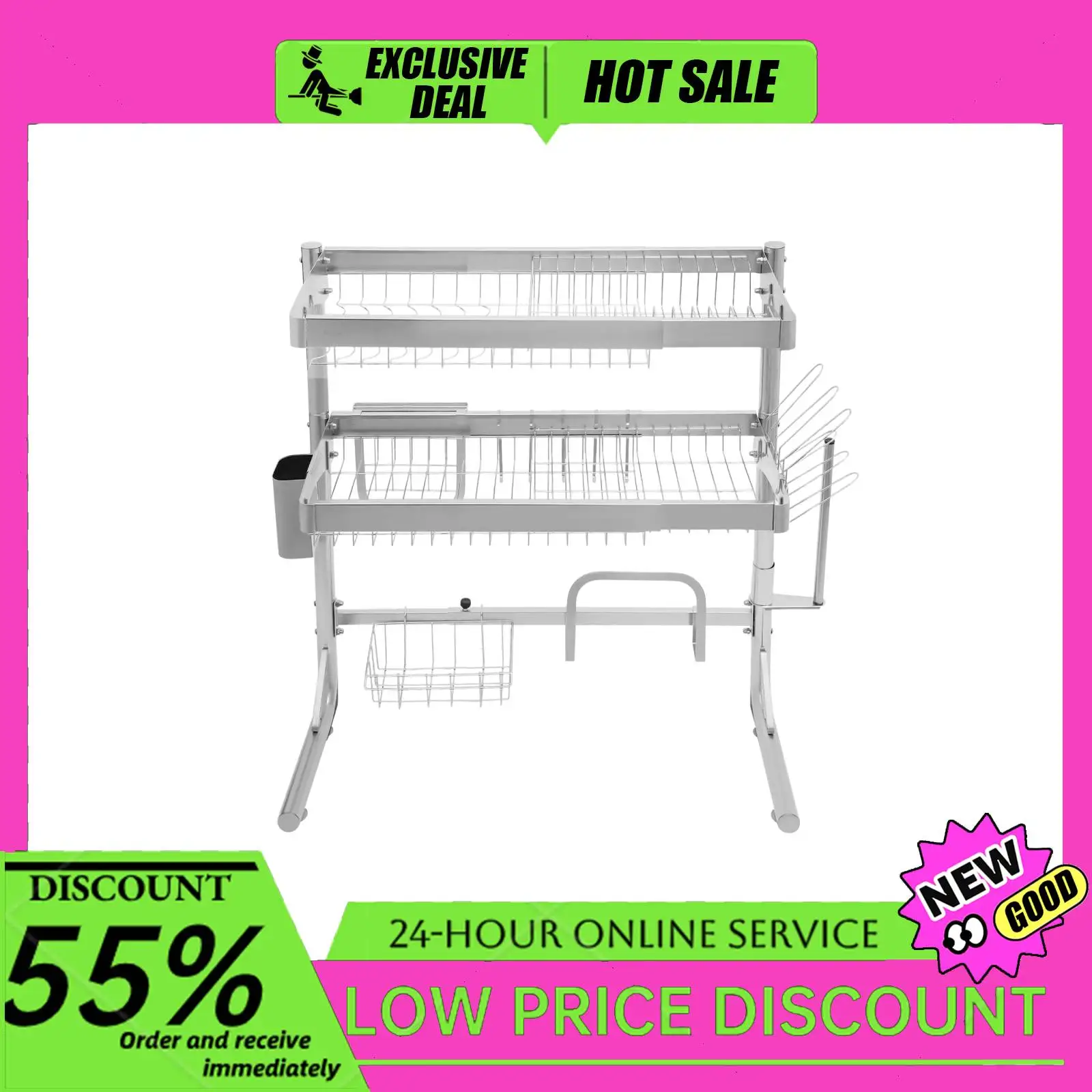 

88lbs Capacity Expandable Stainless Steel Dish Drying Rack 2-Tier Over-Sink Drainer with Knife Holder & Cup Stand