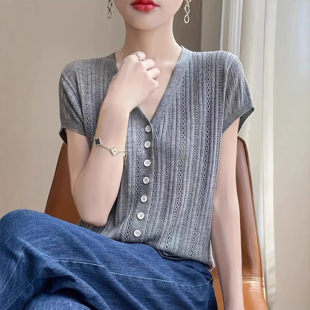 Spring And Summer V-neck Button-up Cardigan Women's Elegant Foreign Style Simple And Thin Knitted Short Sleeves
