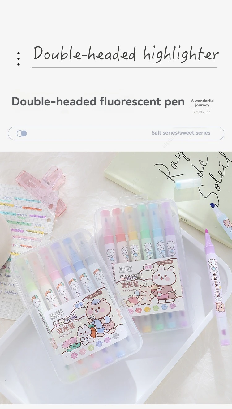 قلم تحديد Kawaii DoubleTips، ألوان متنوعة، مجموعة أقلام رسم مائية سريعة الجفاف مكونة من 6 قطع #3