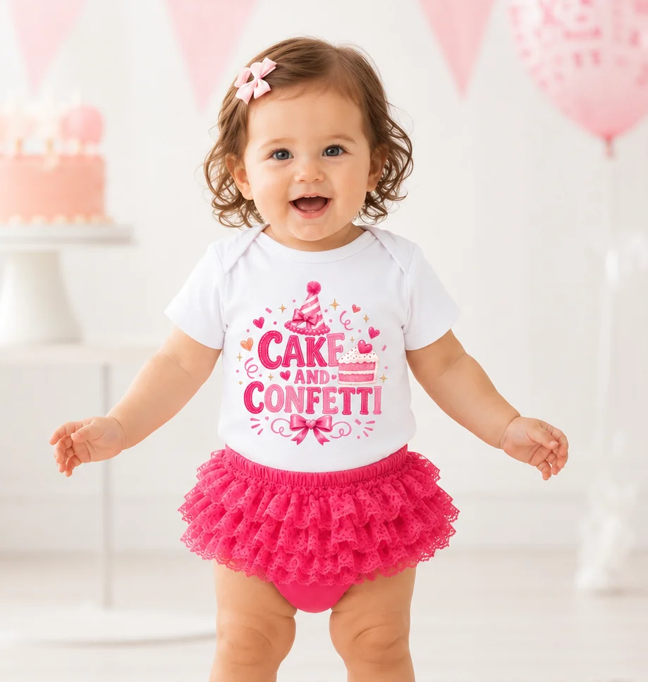 Cake And Confetti Print Baby Girl Birthday Outfit Short Sleeve Cotton Bodysuit + Pink Lace Tutu Skirt Set Infant Cake Smash Part