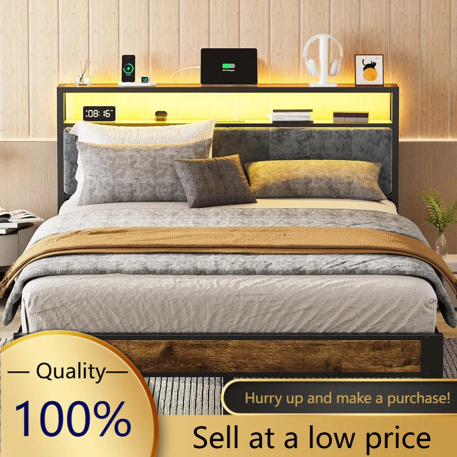 OLEVS Queen Size Bed Frame with Charging Station & LED Light, 2-Tier Storage Headboard & Footboard, Noise-Free Metal Platform Be