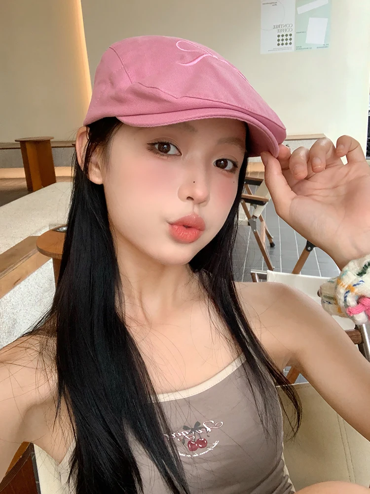 Retro American Pink Bowtie Denim Beret Hat Women's Lightweight Spring Summer Fashionable Streetwear round Crown Hat