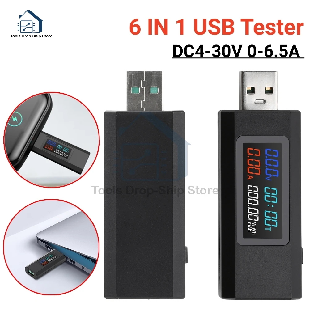 6 In 1 USB Tester Current Voltage Meter DC4-30V 0-6.5A Monitor Digital Cut-Off Indicator Phone Charging Tester Power Bank Charge