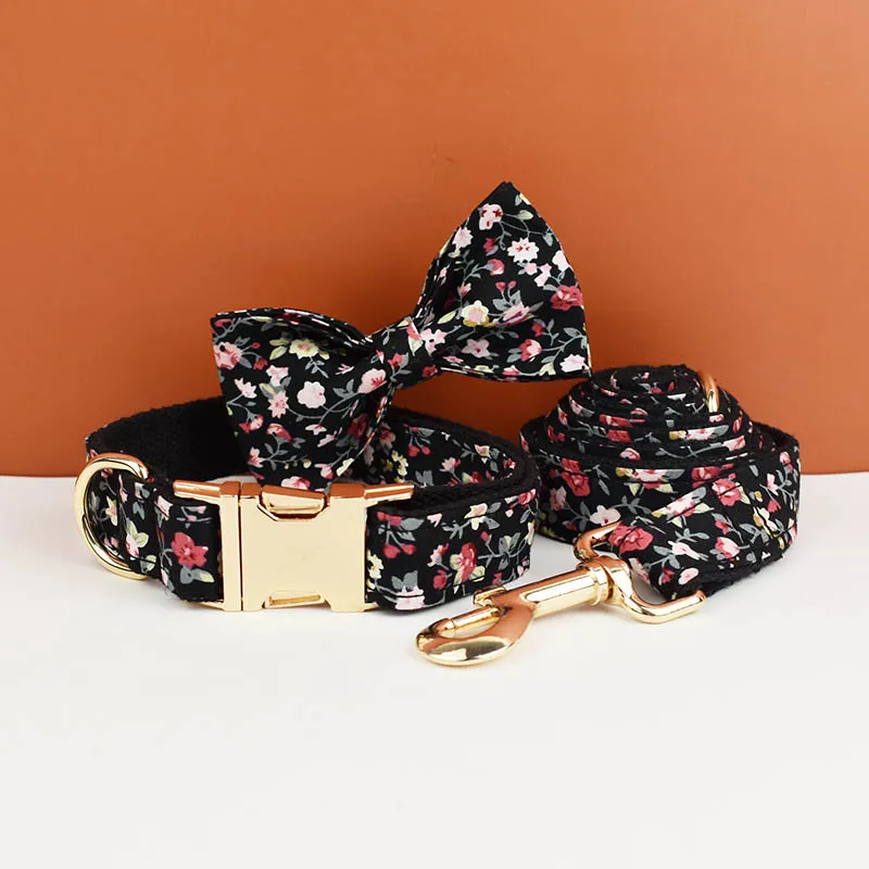 Luxury Fashion Pet Accessories Custom Design Logo Black Bottom Flower Sublimation Dog Collar Leashes Harness Bow Set Flowers 05