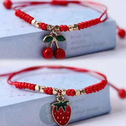 Sweet Strawberry Cherry Braided Hand-string DIY Adjustable Red Rope Bracelets For Girls Fashion Accessories Gifts Jewelry