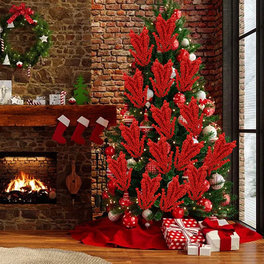 Christmas Red Berries Branch Fake Plants Flowers Artificial Holly Berry Stamen Wreath Ornaments for Xmas Tree Party Home Decor