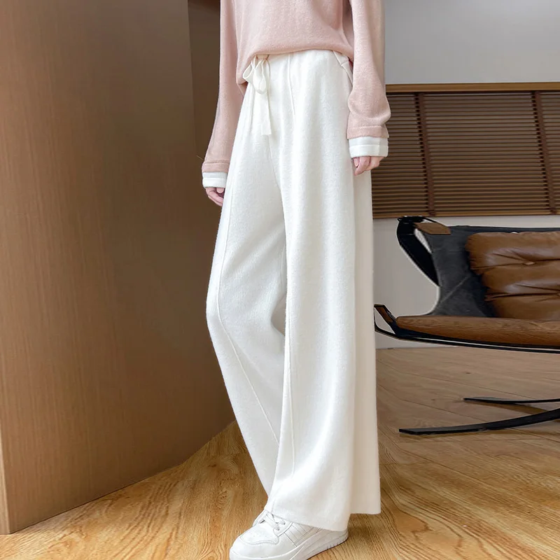 Women's Merino Wool Knitted Pants Office Lady Simple High Waist Straights Trousers Cashmere Wool Autumn Winter Thick Knitwear