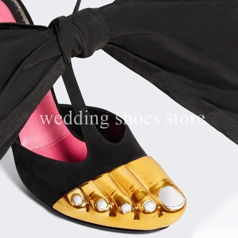 New Golden Five Toes Runway Look Bow Sandals High-Heel Wedding Genuine Leather Summer Party Stiletto Heel Women Shoes