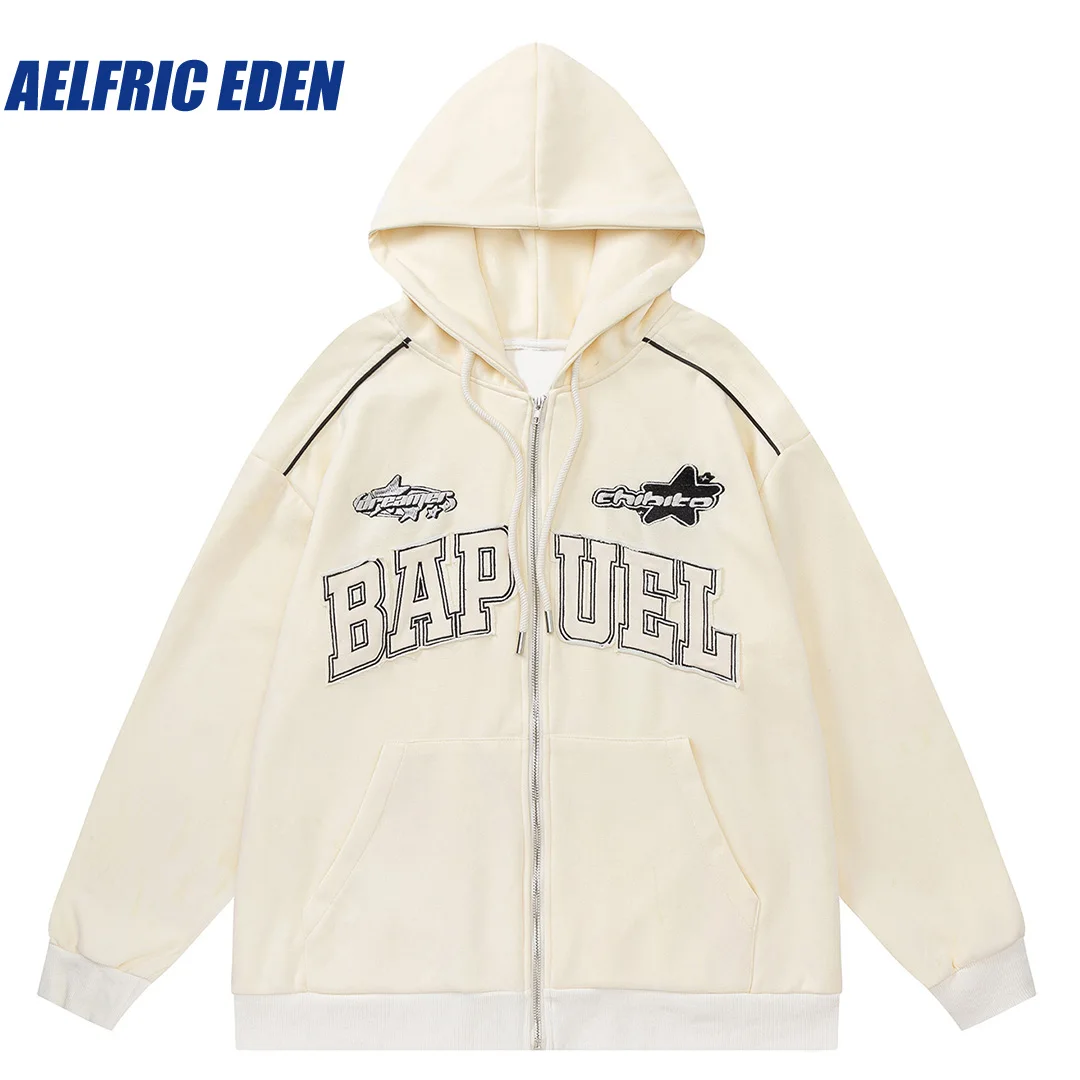 

Aelfric Eden Embroidered Star Letter Zip-up Hoodie 2023 Japanese Hip Hop Vintage Streetwear Hooded Harajuku Cotton Loose Hooded