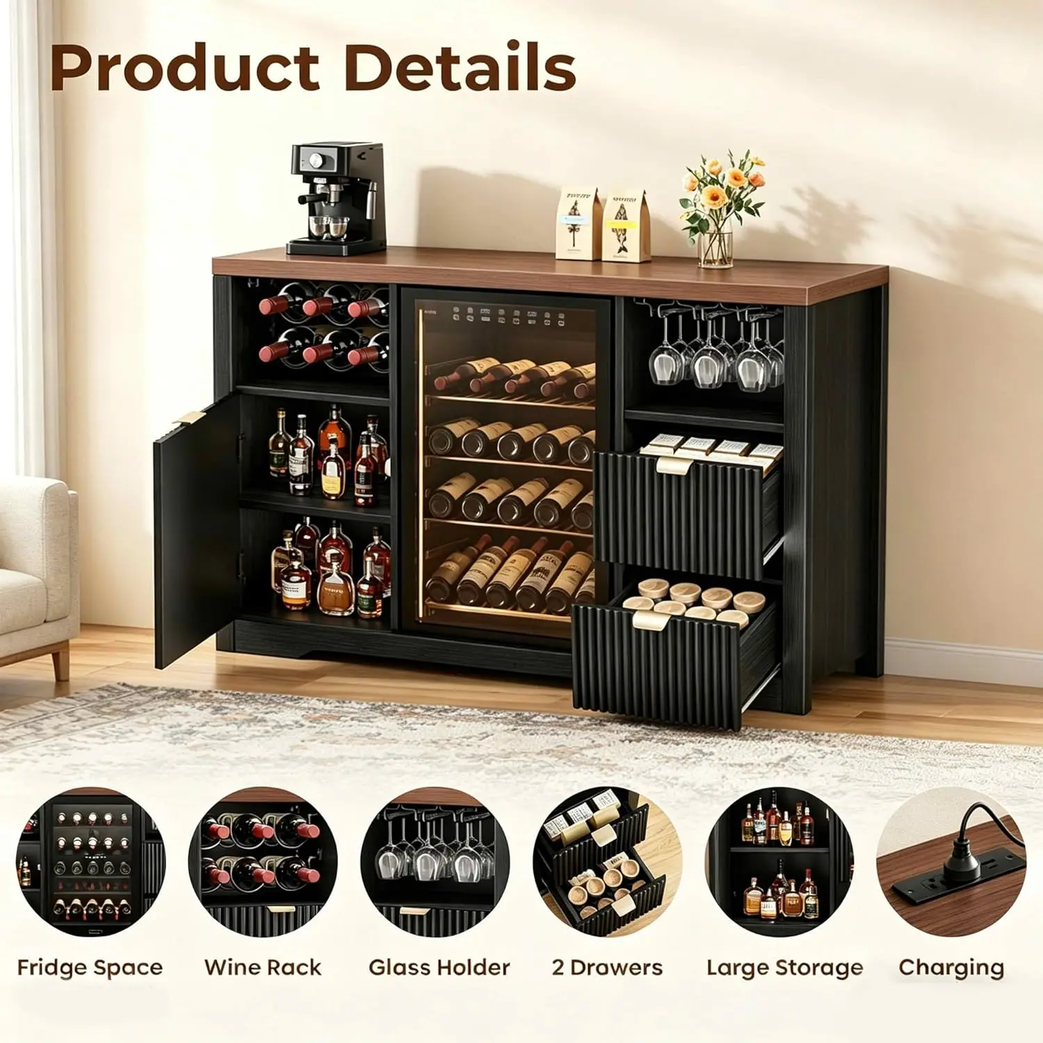 Coffee Bar Cabinet with Fridge Space, 53" L Kitchen Wine Cabinets with Storage Drawer, Wood Buffet Sideboard Tables, Customized