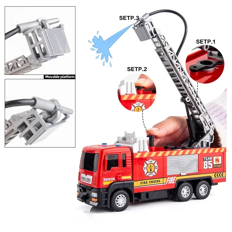 Boy Fire Truck Toy Metal DieCast Fire Truck Model,Water-Spraying Toy Fire Truck with Simulated Sound and Light,Retractable Rescu