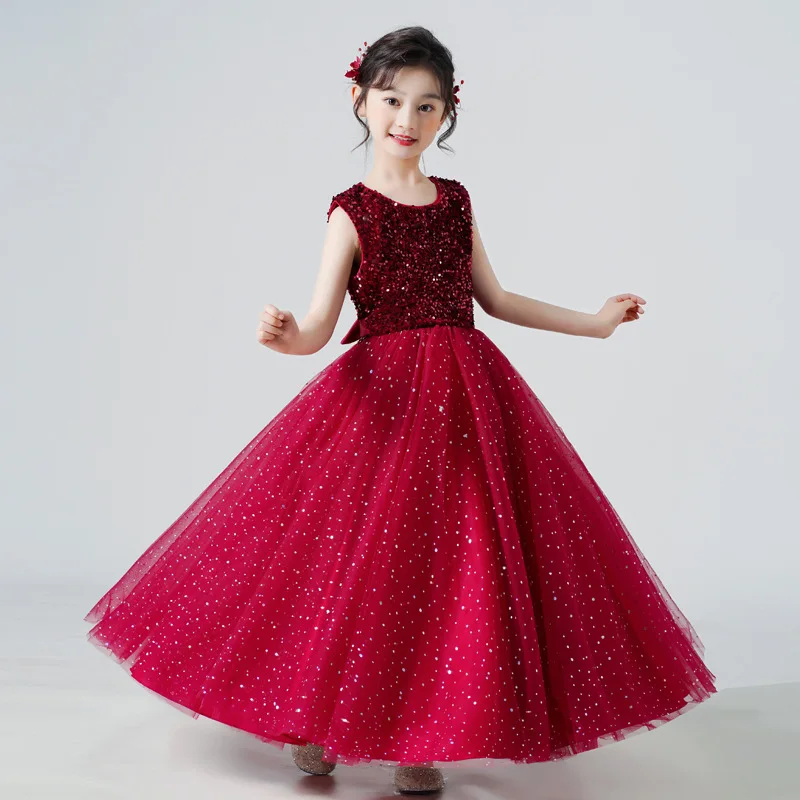 Girl's sequin mesh skirt hem, long dress, white dress, performance dress, princess dress, Korean style Flower Girl Dress