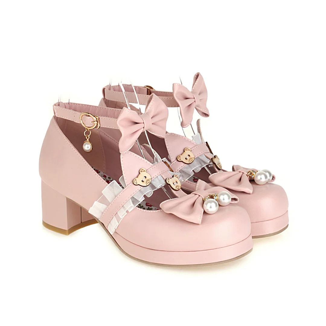 2022 new women shoes plus size 22-28cm feet length Lace Bow Buckle cute lolita girls shoes cartoon bear pearl mary jane shoes