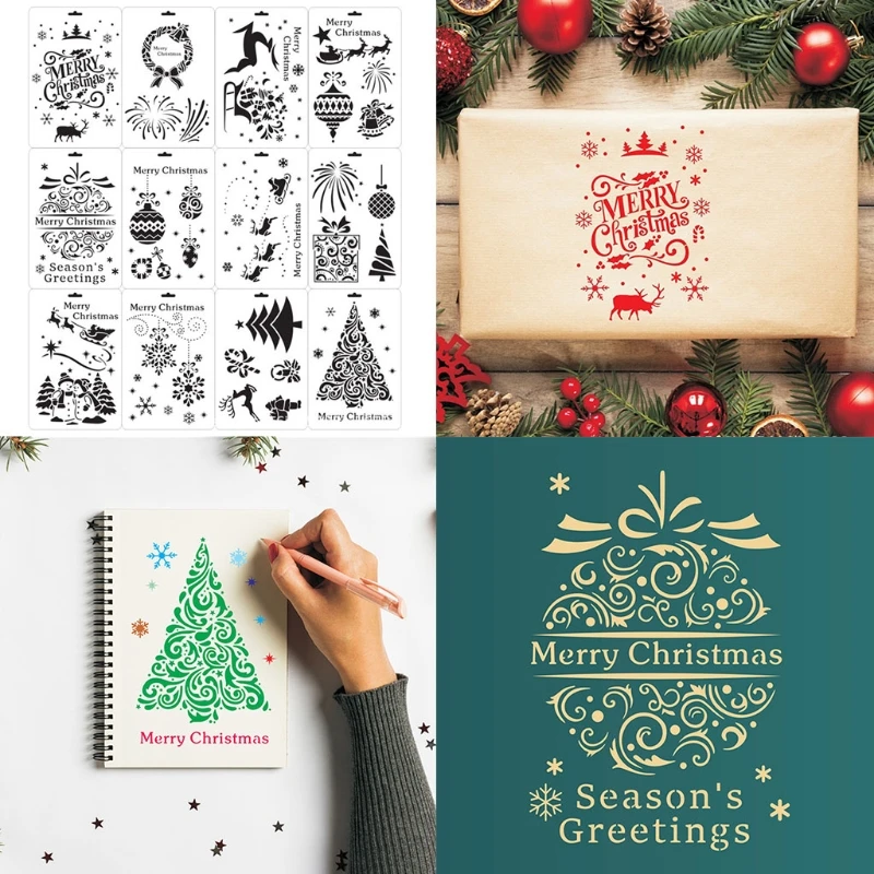 Kit de plantillas de pintura navideña clásica, suministros de decoración navideña, 12 unids/pack