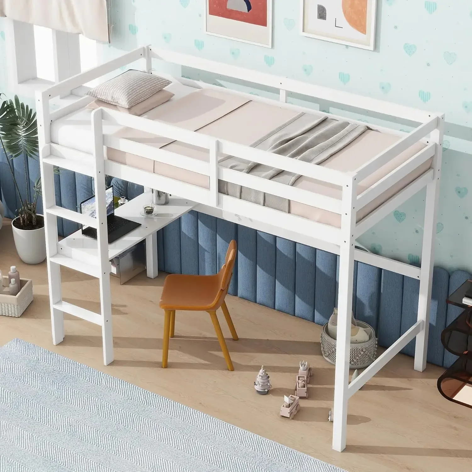 Harper & Bright Designs Twin Size Loft Bed with Desk, Wooden Kids Loft Bed Twin with Safety Guardrail and Ladder, No Box Spring