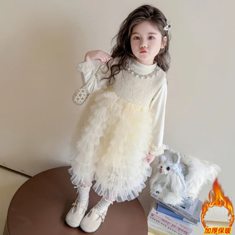 

Girls' Autumn Winter Cotton Padded New Princess Dress Long Sleeve Base Shirt Baby Girl Stylish Cake Dress Birthday Dress
