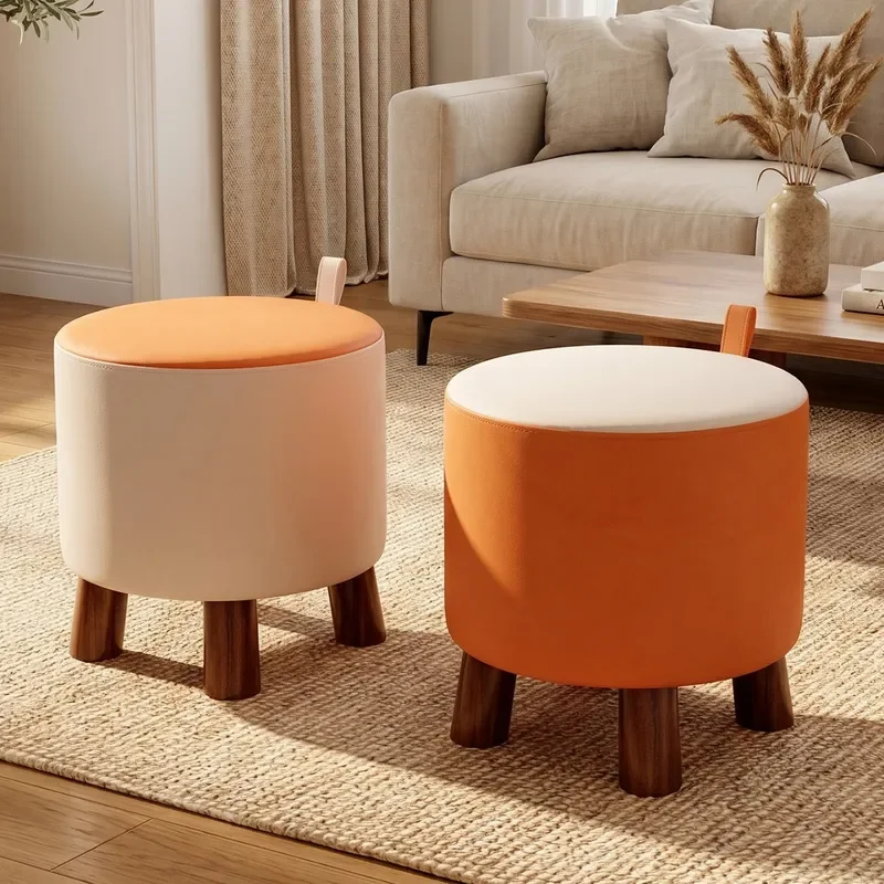 Small Round Stool Solid Wood Bench Creative Household Coffee Table Sofa Footrest Soft Padded Shoe Changing Stool Practical