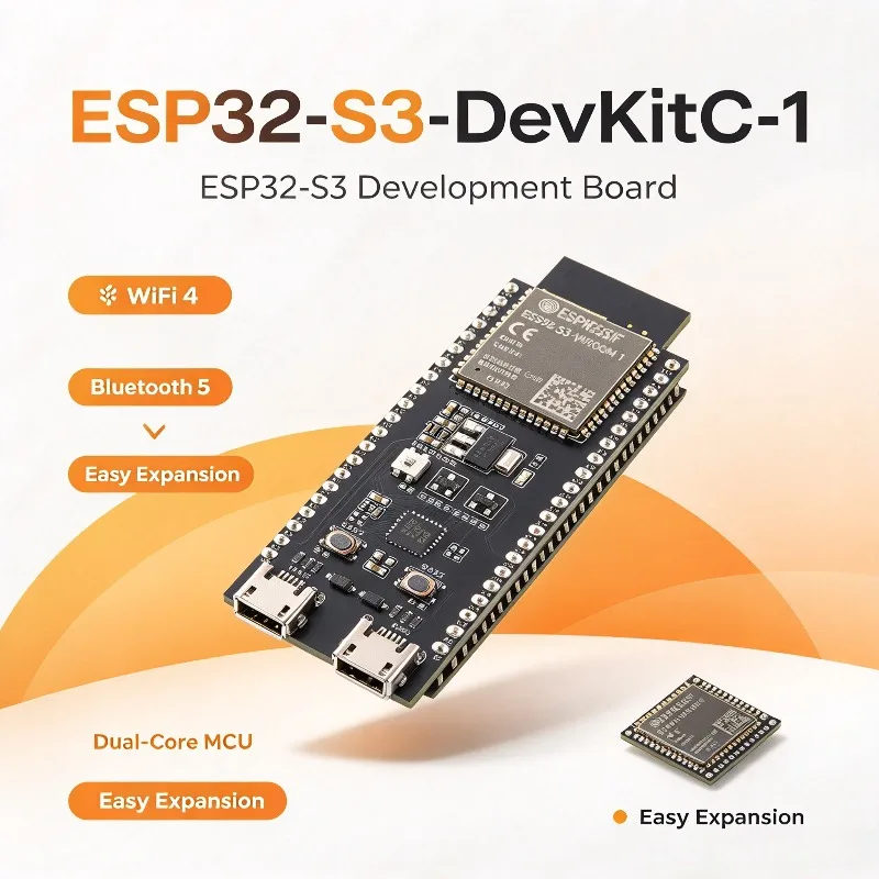 ESP32-S3-DevKitC-1, ESP32-S3 Dual-Core Development Board, 2.4GHz WiFi Bluetooth, USB Type-C, AIoT & IoT Prototyping Board